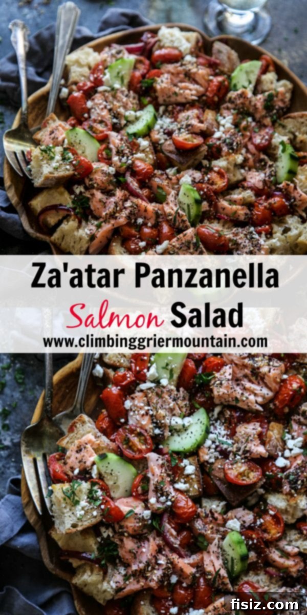 Mediterranean Zaatar Salmon Panzanella 8 Close-up of a bowl of Za'atar Panzanella Salmon Salad, ready to eat