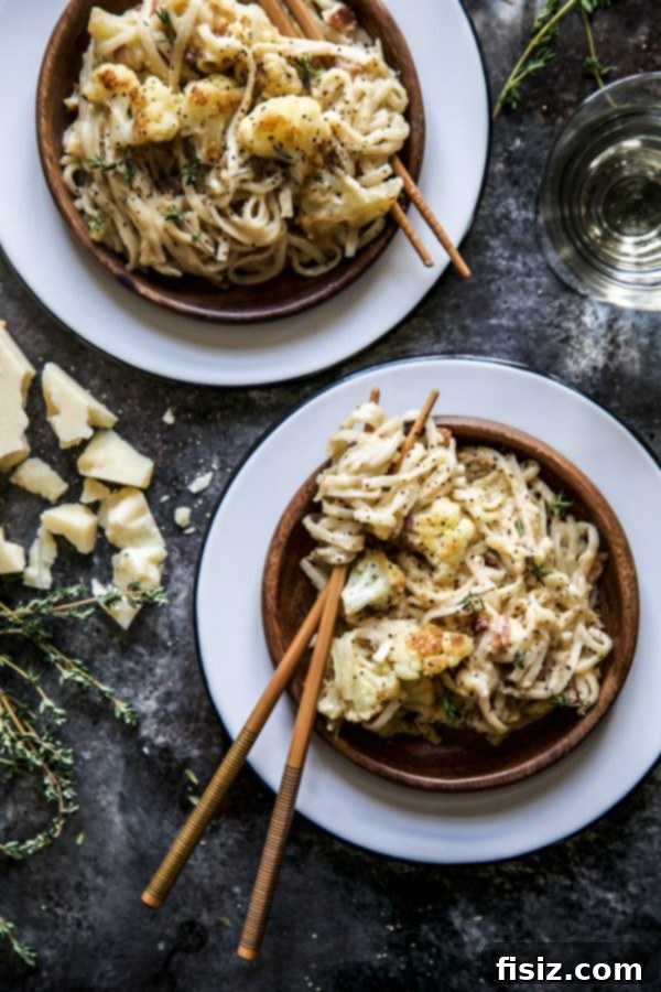 Roasted Cauliflower Udon Carbonara 2 Close-up of Roasted Cauliflower Carbonara with Udon Noodles in a bowl