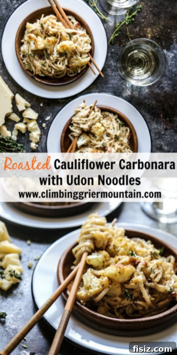 Roasted Cauliflower Udon Carbonara 7 Overhead shot of Roasted Cauliflower Carbonara with Udon Noodles on a wooden table