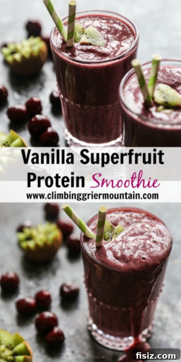 Two glasses of Vanilla Superfruit Protein Smoothie ready to drink on a table
