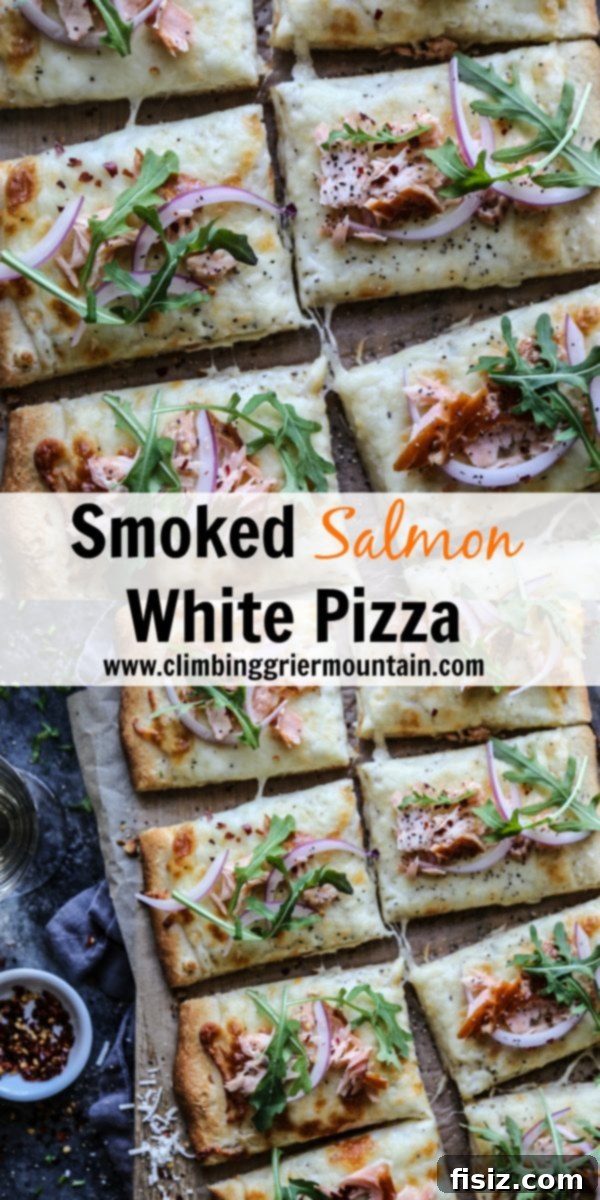 Full view of the Smoked Salmon White Pizza on a wooden board, ready to be served