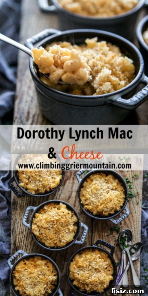 Dorothy Lynch's Signature Mac & Cheese 7 A final close-up of a golden-brown baked Dorothy Lynch Mac & Cheese in a cocotte, with a fork poised to scoop a serving.