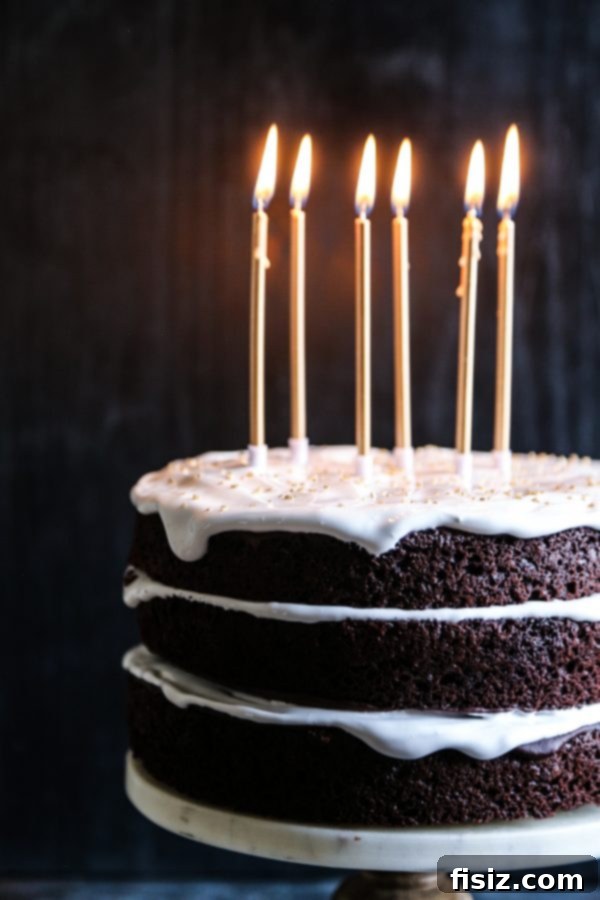Decadent Dark Chocolate Cake with Fluffy Marshmallow Frosting 6 Delicious Ultimate Dark Chocolate Cake on a cake stand ready for serving