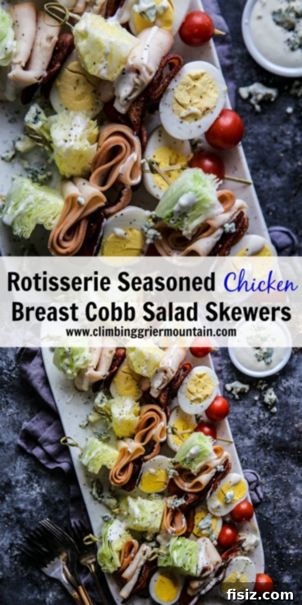 Rotisserie Chicken Cobb Skewers 8 A vibrant platter of Rotisserie Seasoned Chicken Breast Cobb Salad Skewers with dipping sauce