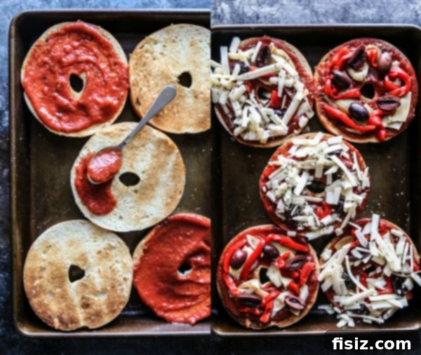 Toasted Greek Pizza Bagels on a baking sheet