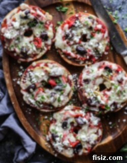 A complete Greek Pizza Bagel recipe card image