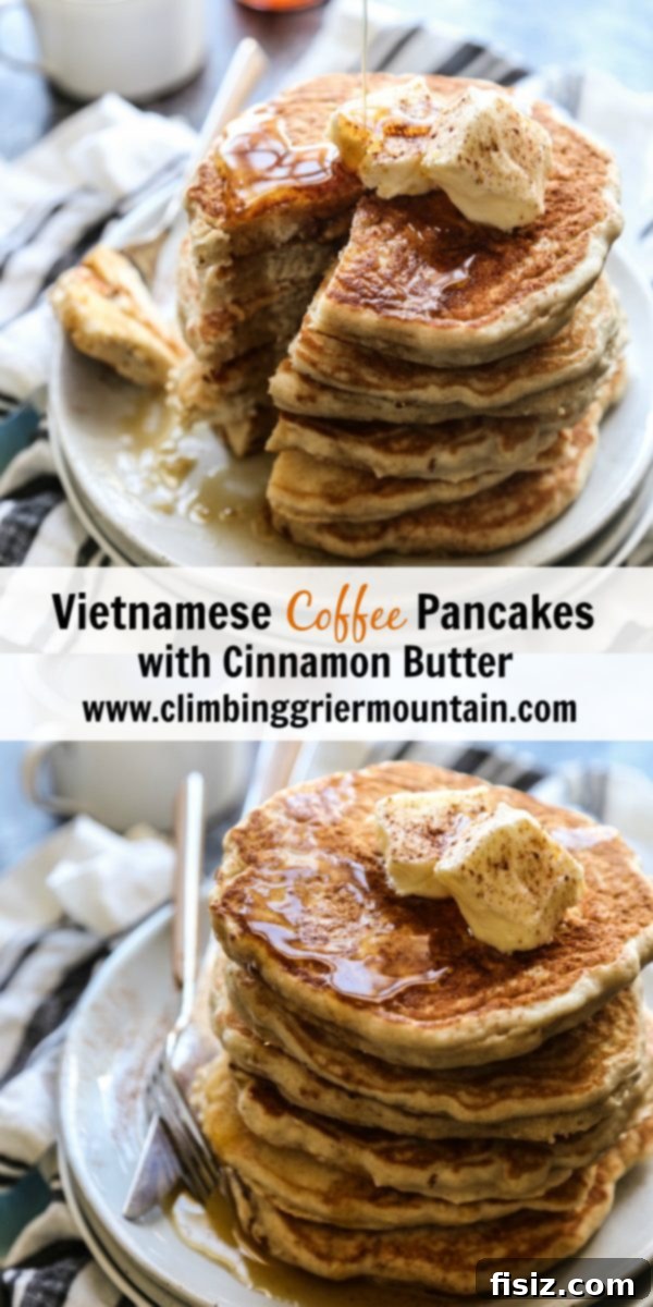 Fragrant Vietnamese Coffee Pancakes with Whipped Cinnamon Butter 8 A stack of Vietnamese Coffee Pancakes topped with cinnamon butter and maple syrup, with fresh berries on the side