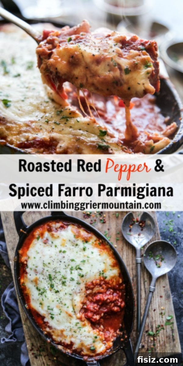 Mediterranean Roasted Red Pepper Farro Parmigiana 8 Close-up of a serving of Roasted Red Pepper & Spiced Farro Parmigiana
