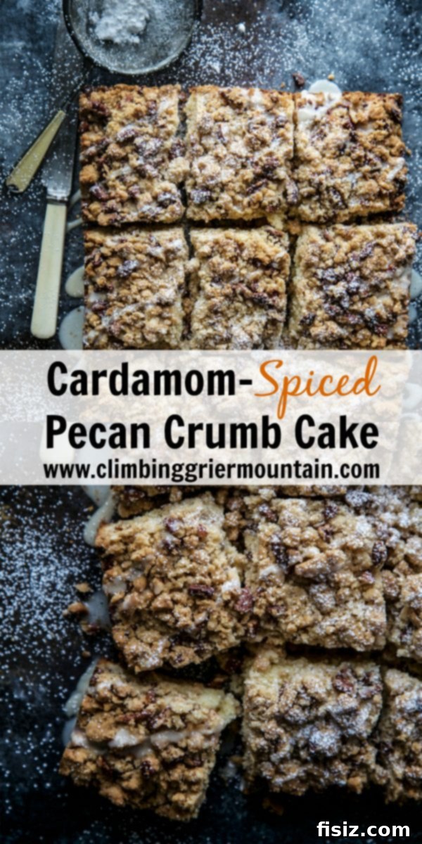 Cardamom Pecan Crumb Cake 8 Beautifully presented Cardamom-Spiced Pecan Crumb Cake, ready to eat