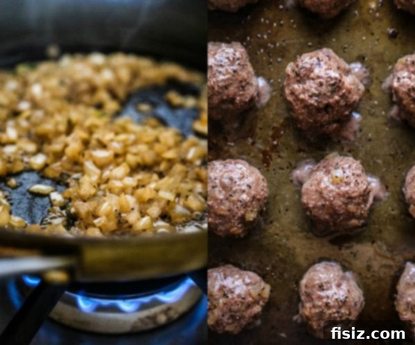 French Onion Meatball Sub Melts 4 Assembly of French Onion Meatball Subs before baking, showing raw meatballs and onions