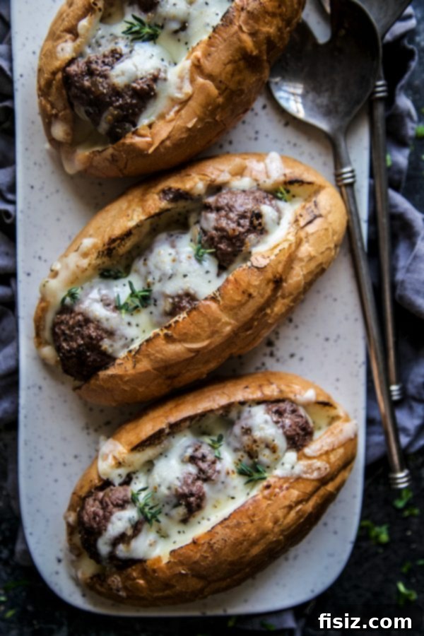 French Onion Meatball Sub Melts 5 Prepared French Onion Meatball Subs ready to be served