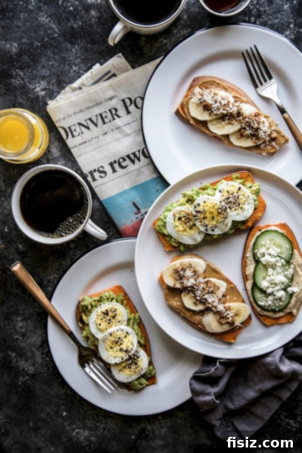 Sweet Potato Toast Trio Delights 2 Sweet Potato Toasts 3 Ways! A vibrant display of three unique topping combinations