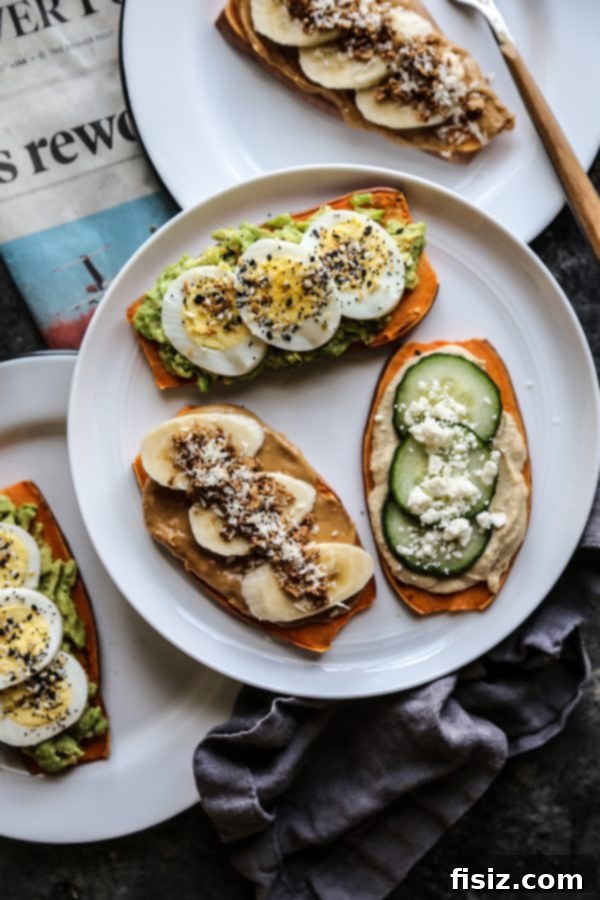 Sweet Potato Toast Trio Delights 7 Three vibrant sweet potato toast creations: Everything Egg Avocado, Hummus Cucumber Feta, and Peanut Butter Banana