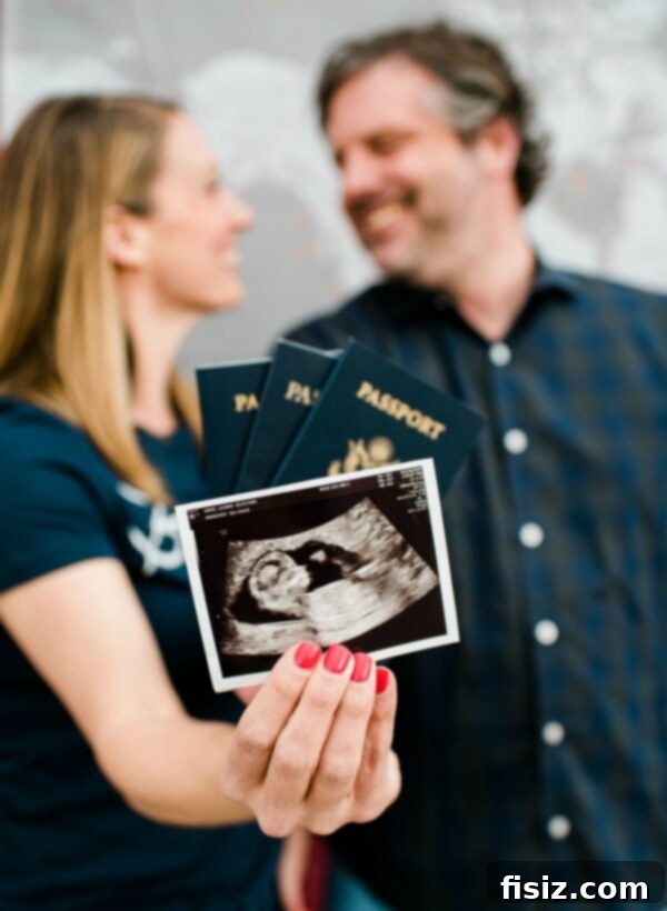 Trimester One The Start of Our Big Adventure 2 Pregnant couple joyfully embracing, announcing their pregnancy journey.