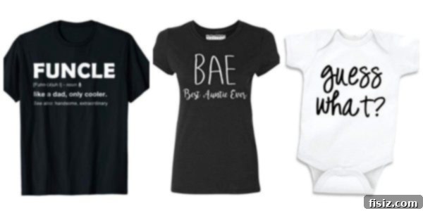 Trimester One The Start of Our Big Adventure 13 T-shirts with 'Funcle' and 'BAE' for a family pregnancy reveal.