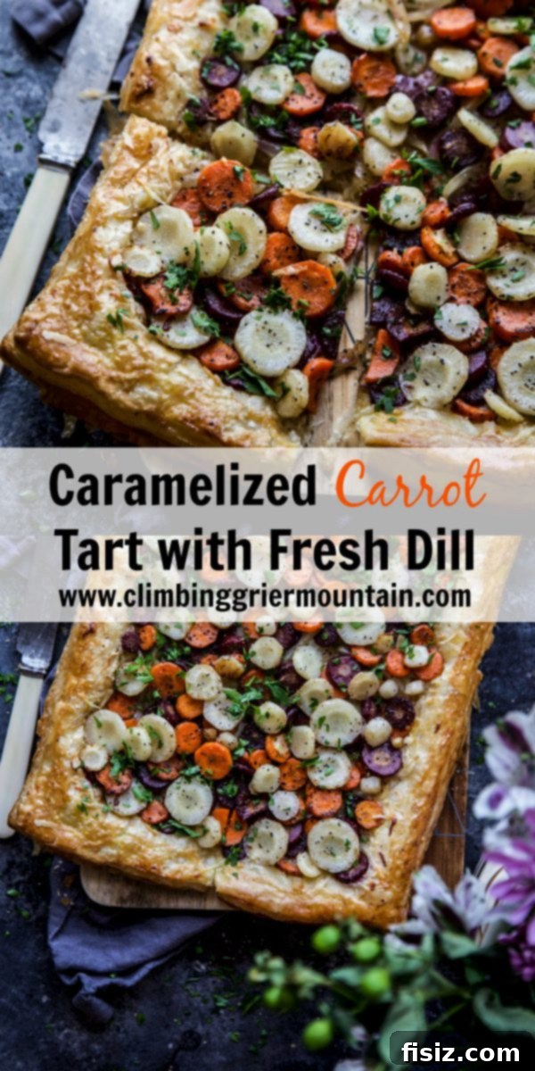 Golden Caramel Carrot Tart with Bright Dill 7 Slice of Caramelized Carrot Tart with Fresh Dill on a serving board