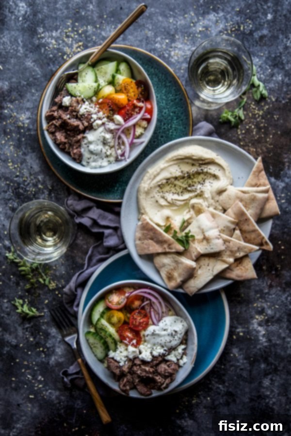 Easy Slow Cooker Greek Gyro Bowls 2 Tender beef slow cooking for Greek Gyro Bowls