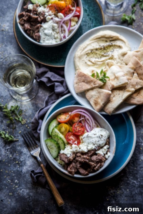 Easy Slow Cooker Greek Gyro Bowls 5 Plated Slow Cooker Greek Gyro Bowl, ready to eat