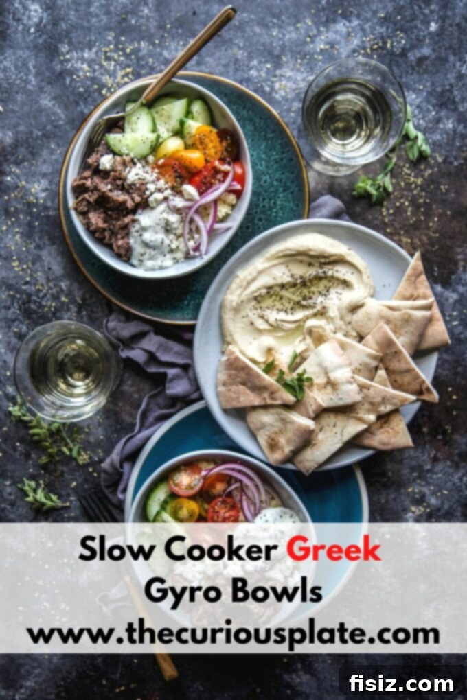 Easy Slow Cooker Greek Gyro Bowls 7 A beautifully plated Slow Cooker Greek Gyro Bowl with all the fixings