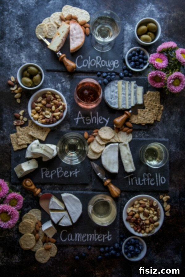 MouCo Cheese And Wine Pairing 2 A beautifully arranged cheese board featuring various MouCo soft-ripened cheeses, fresh fruits, crackers, and accompanying wine glasses, set against an elegant backdrop.