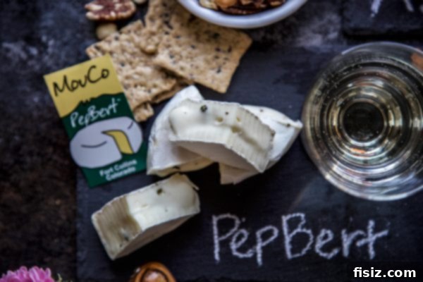 MouCo Cheese And Wine Pairing 6 A close-up of MouCo PepBert cheese, revealing the generous inclusion of whole green peppercorns within its creamy texture, alongside a glass of Riesling.