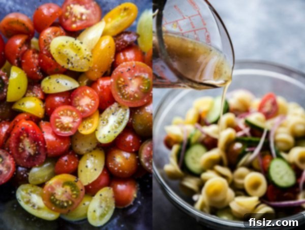 Vibrant Greek Bruschetta Pasta Salad 4 Serving bowl of Greek Bruschetta Pasta Salad, beautifully garnished and ready to be enjoyed