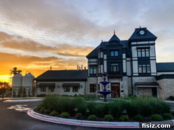 Fredericksburg Texas Explore Stay Dine 20 Majestic castle-like exterior of Altstadt Brewery at sunset