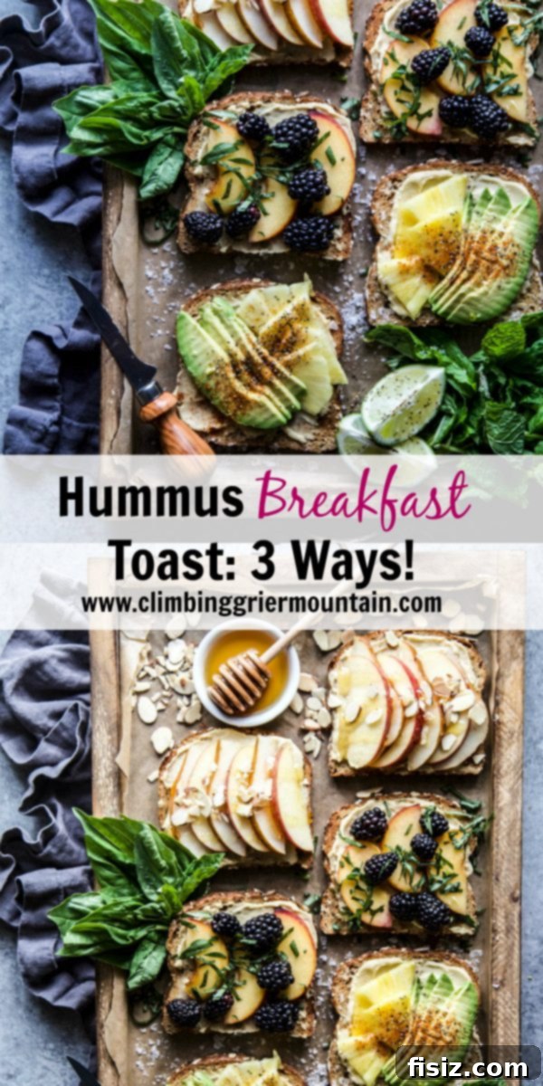 Three Delicious Hummus Toast Breakfasts 8 A concluding shot of a fully prepared Hummus Breakfast Toast on a plate, ready to be enjoyed.