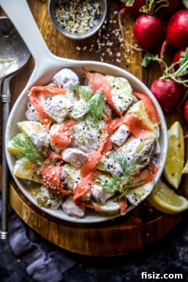 Lox and Everything Potato Salad 3 A vibrant close-up of Everything Spiced Potato Salad with Lox, ready to serve.