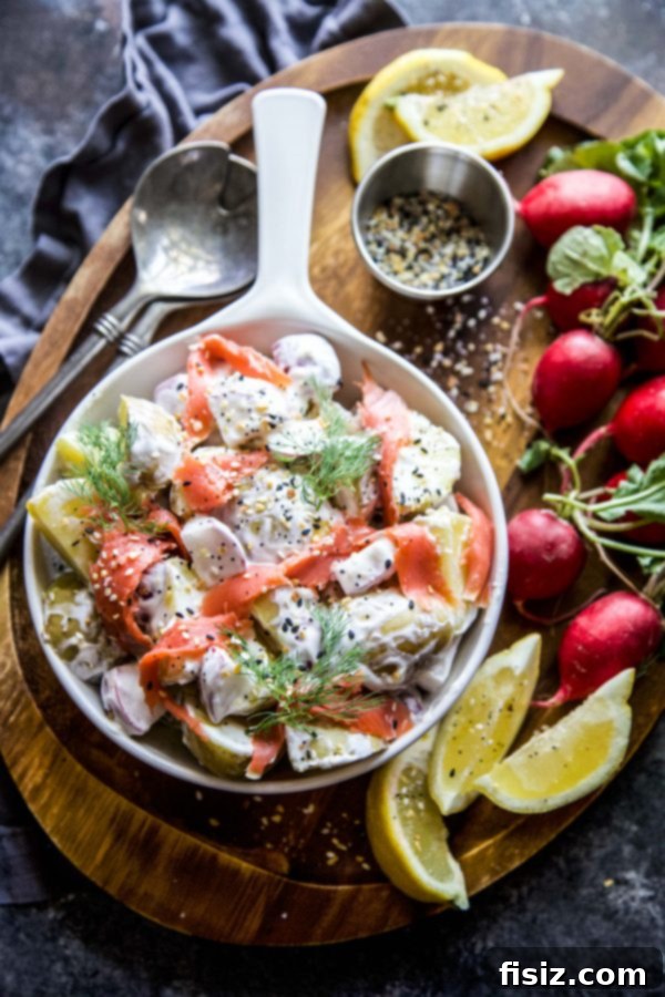 Lox and Everything Potato Salad 6 A serving bowl of Everything Spiced Potato Salad with Lox, ready for a gathering.