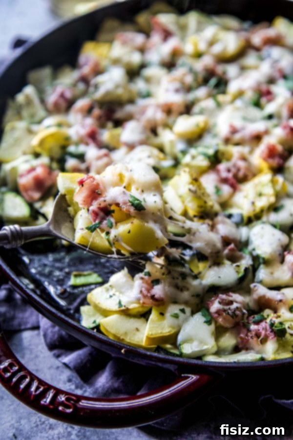 Smoky Cheesy Summer Squash Bake 3 Close-up of golden Cheesy Bacon Summer Squash, highlighting the melted cheese and crispy bacon bits