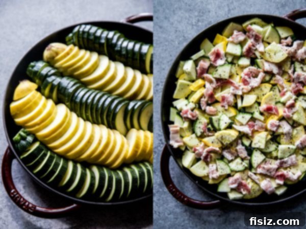 Smoky Cheesy Summer Squash Bake 4 Raw ingredients for Cheesy Bacon Summer Squash including quartered zucchini, yellow squash, bacon, and garlic