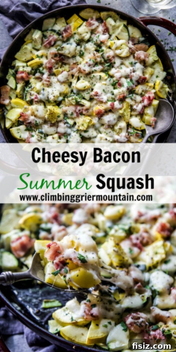 Smoky Cheesy Summer Squash Bake 8 Close up of a scoop of Cheesy Bacon Summer Squash on a white plate, ready to be enjoyed