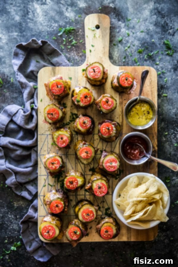 Loaded Bacon Cheeseburger Mushroom Bites 6 A serving of Bacon Cheeseburger Stuffed Mushrooms on a white plate
