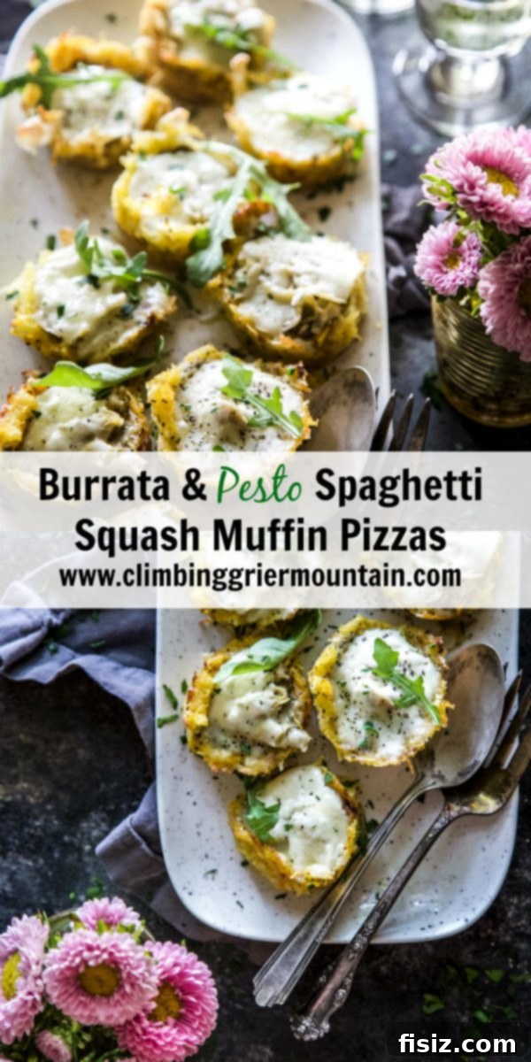 Beautifully presented Burrata & Pesto Spaghetti Squash Muffin Pizzas, ready to be served