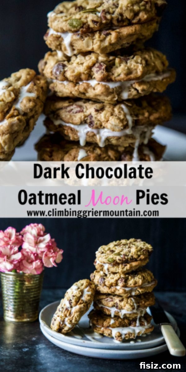Midnight Oatmeal Moon Pies 7 Homemade Dark Chocolate Oatmeal Moon Pies ready to be enjoyed.