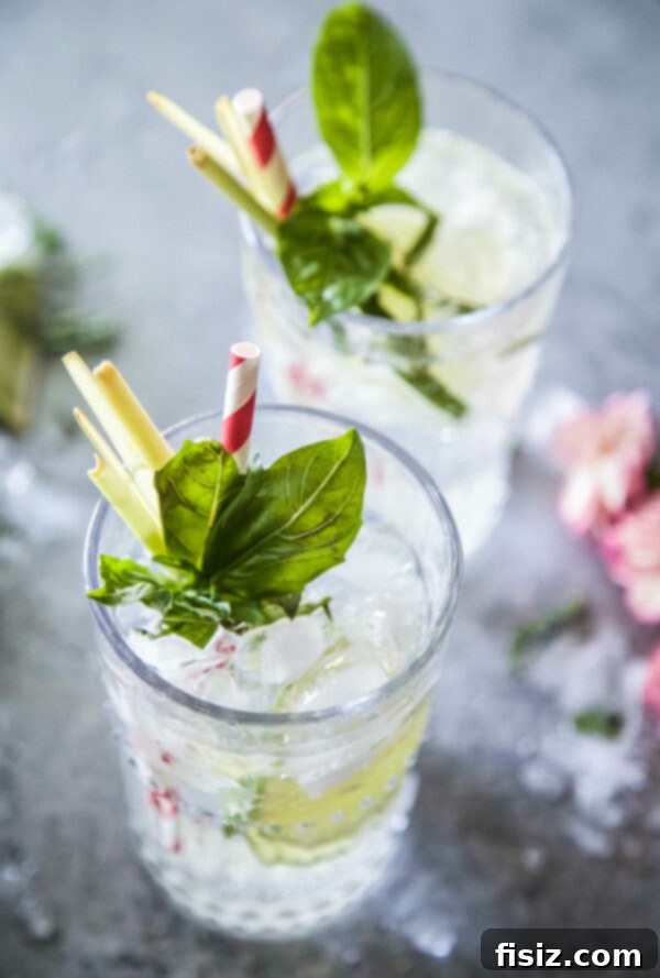 Lemongrass and Basil Lime Sparkling Soda 3 Ingredients for Lemongrass & Basil Lime Sparkling Soda laid out on a table