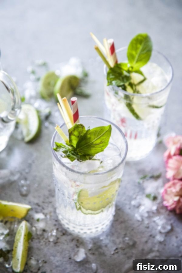 Lemongrass and Basil Lime Sparkling Soda 5 Two glasses of Lemongrass & Basil Lime Sparkling Soda garnished with lime and basil