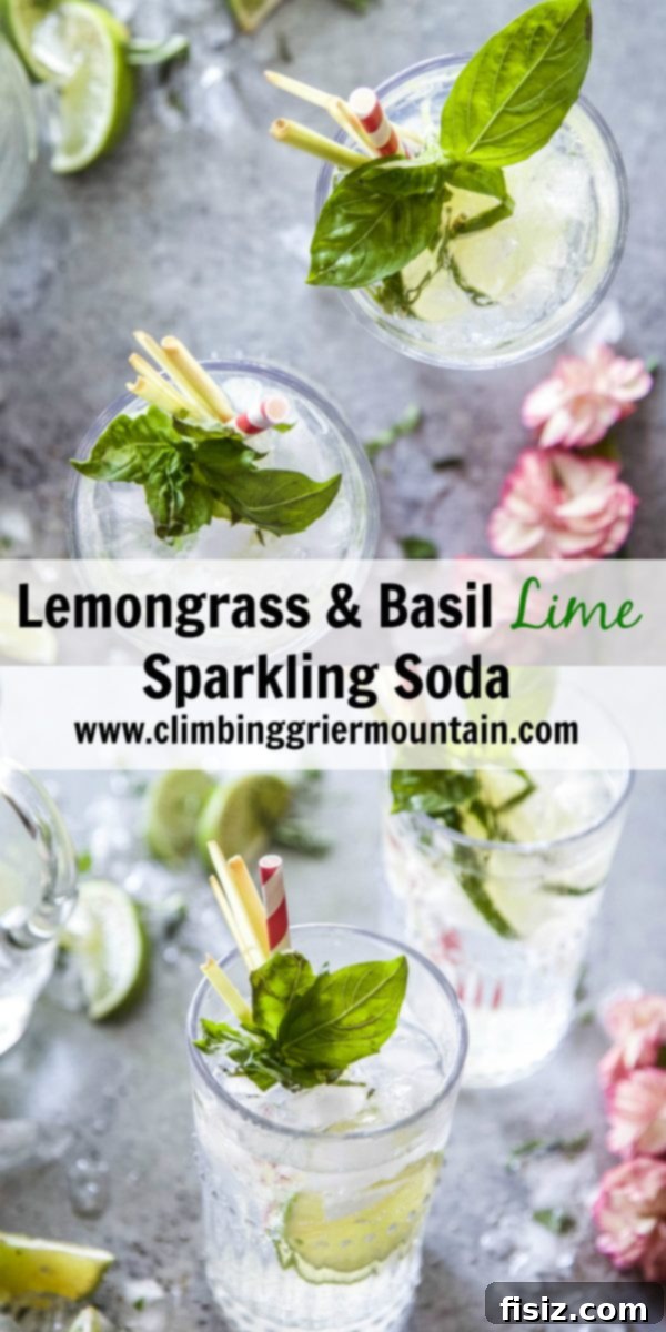 Lemongrass Basil Lime Sparkling Soda 7 Two glasses of Lemongrass & Basil Lime Sparkling Soda with a pitcher, set on a bright summer table.