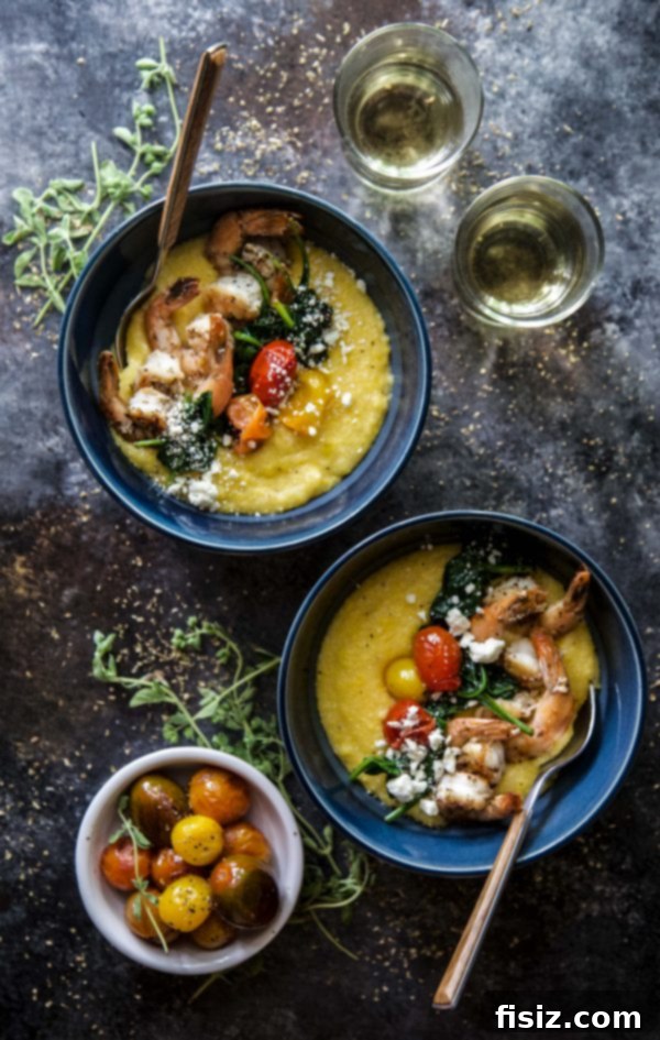 Zesty Mediterranean Shrimp and Creamy Grits 6 Easy Greek Shrimp & Grits: Perfectly cooked shrimp and grits on a plate