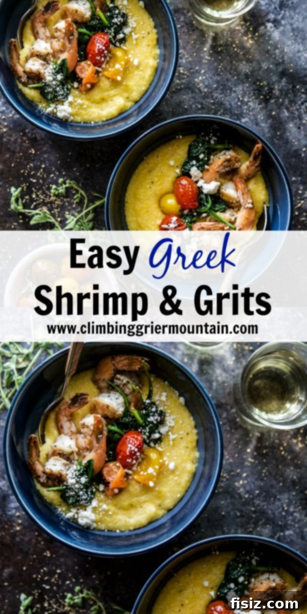 Zesty Mediterranean Shrimp and Creamy Grits 8 Easy Greek Shrimp & Grits: A full serving ready to eat, garnished with fresh herbs and feta