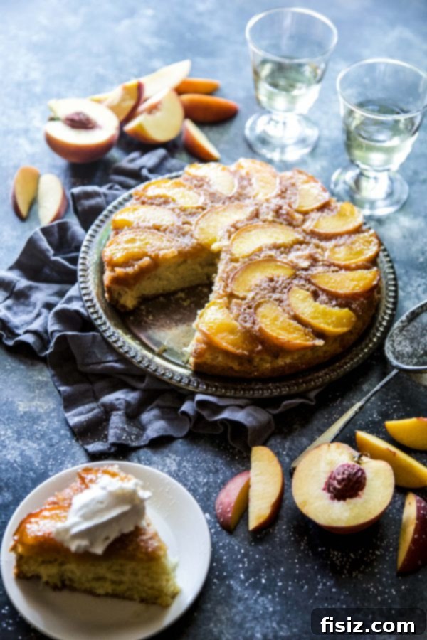 Golden Peach Upside Down Delight 6 Full Peach Upside-Down Cake on a white serving plate