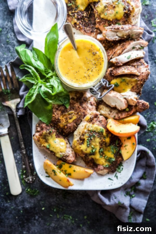 Golden Peach BBQ Chicken Thighs 4 Fresh peaches roasting on a baking sheet for homemade barbecue sauce