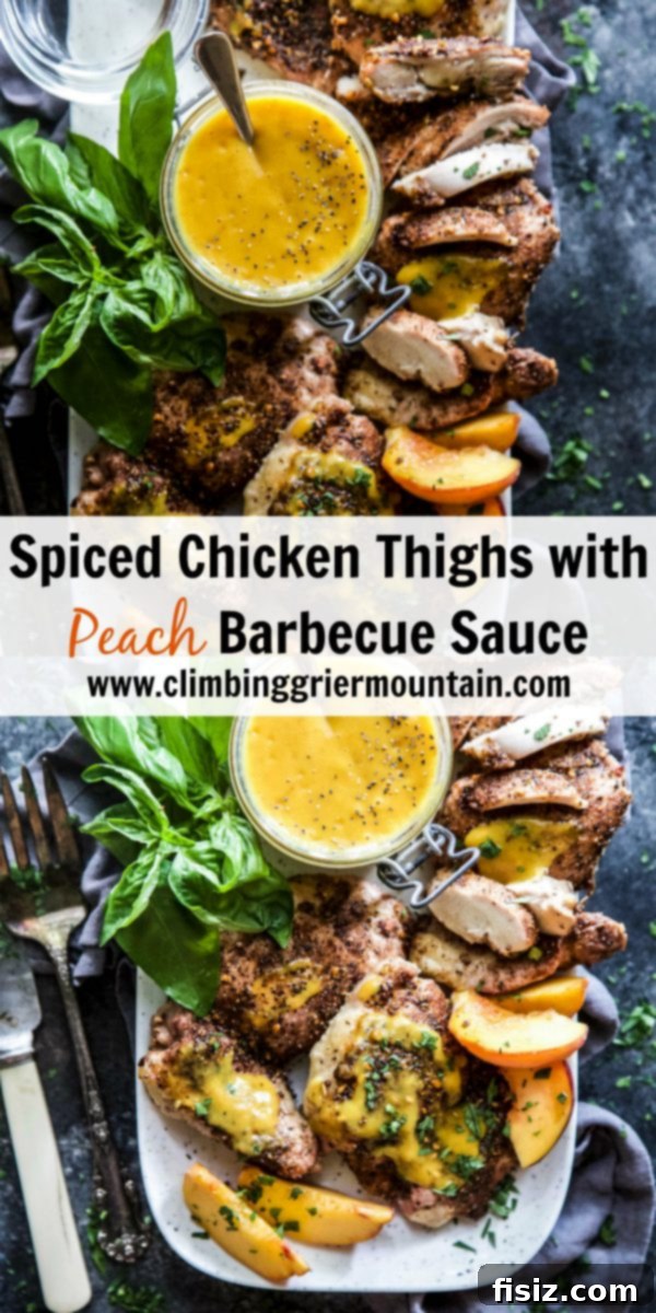 Golden Peach BBQ Chicken Thighs 7 Serving platter with Spiced Chicken Thighs, Peach Barbecue Sauce, and fresh herbs