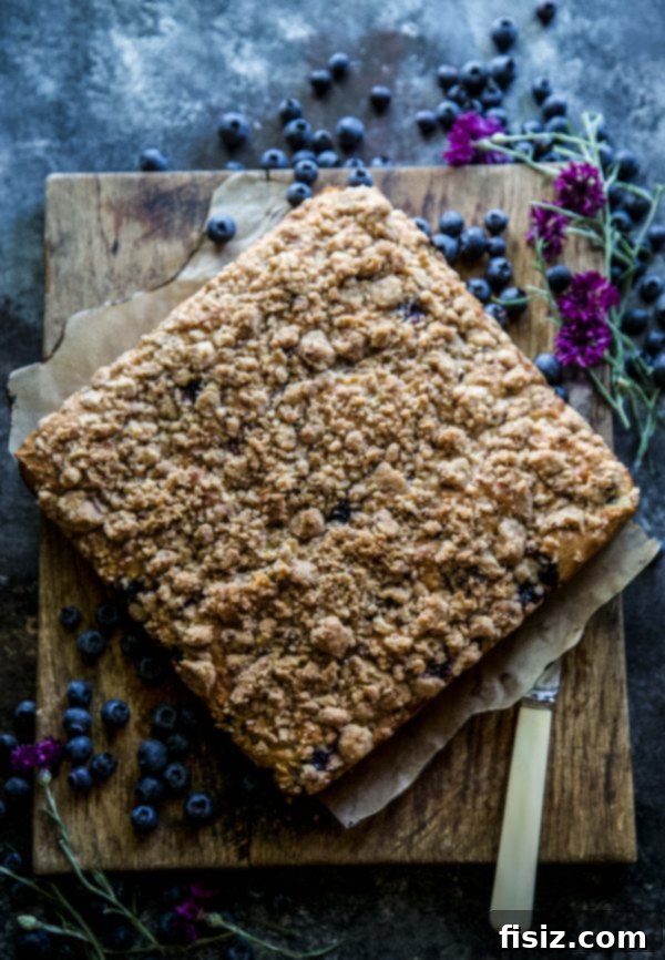 Cardamom-Kissed Blueberry Buckle Cake 7 A freshly baked Blueberry Cardamom Buckle Cake with a corner slice removed