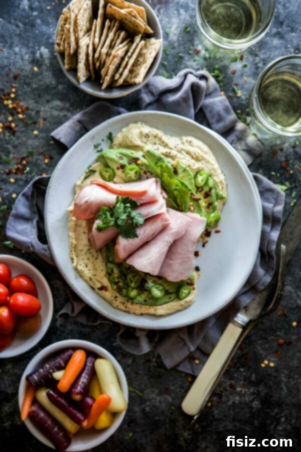 Spiced Avocado and Ham Loaded Hummus 2 Hummus with Spiced Avocado & Ham, a delicious and easy snack recipe.
