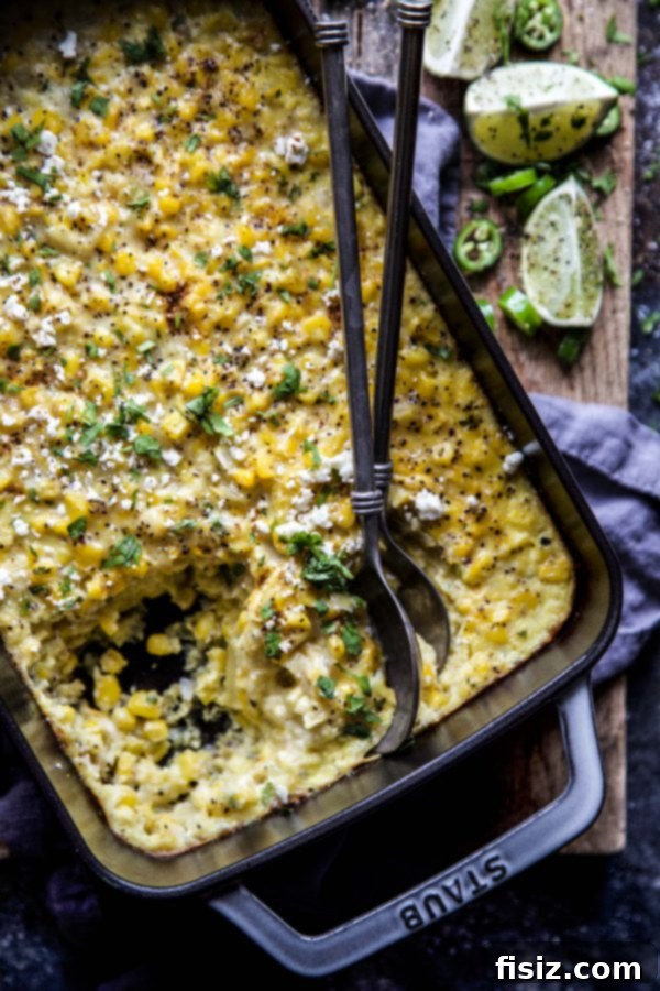 Mexican Street Corn Pudding 3 Close-up of creamy Elote Corn Pudding, showcasing its texture