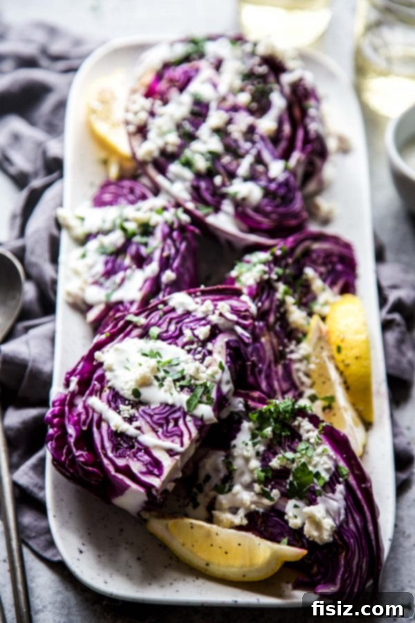 Vibrant Grilled Purple Wedge Salad 3 Close-up of a single portion of Grilled Purple Wedge Salad, highlighting the crisp-tender cabbage texture and creamy dressing