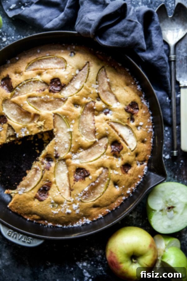 Sweet and Salty Apple Chocolate Skillet Delight 3 Close-up of a skillet cookie with melted chocolate.