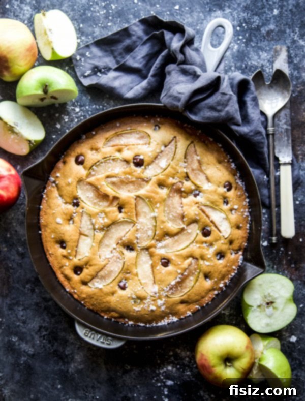 Sweet and Salty Apple Chocolate Skillet Delight 6 Overhead view of a Skillet Cookie with melted caramel.